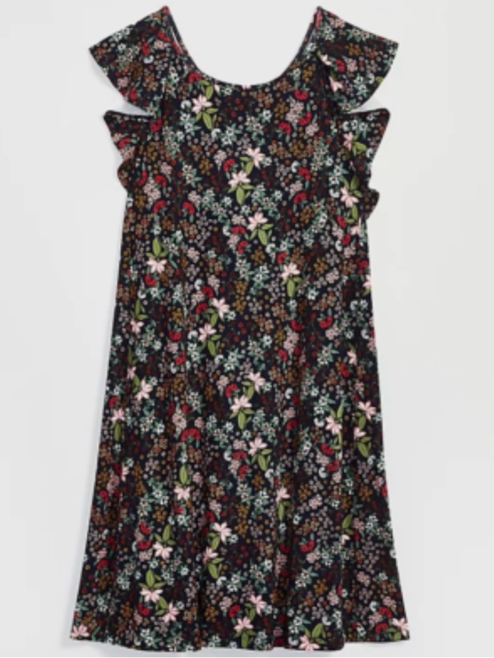 LOFT Black Floral Ruffle Sleeve Mini Dress